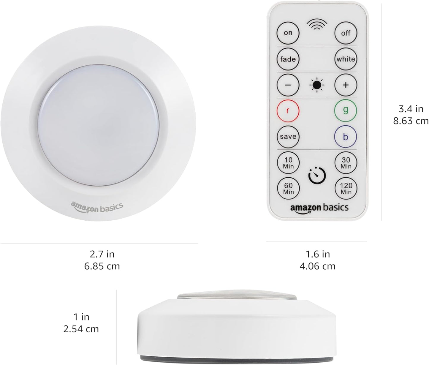 Amazon Basics LED Puck Lights, Color Changing, Battery Operated, IR Remote, 40 Lumens, 2 Pack, Wireless Stick on Lights, Under Cabinet Lighting, Ideal for Closets, and More, White