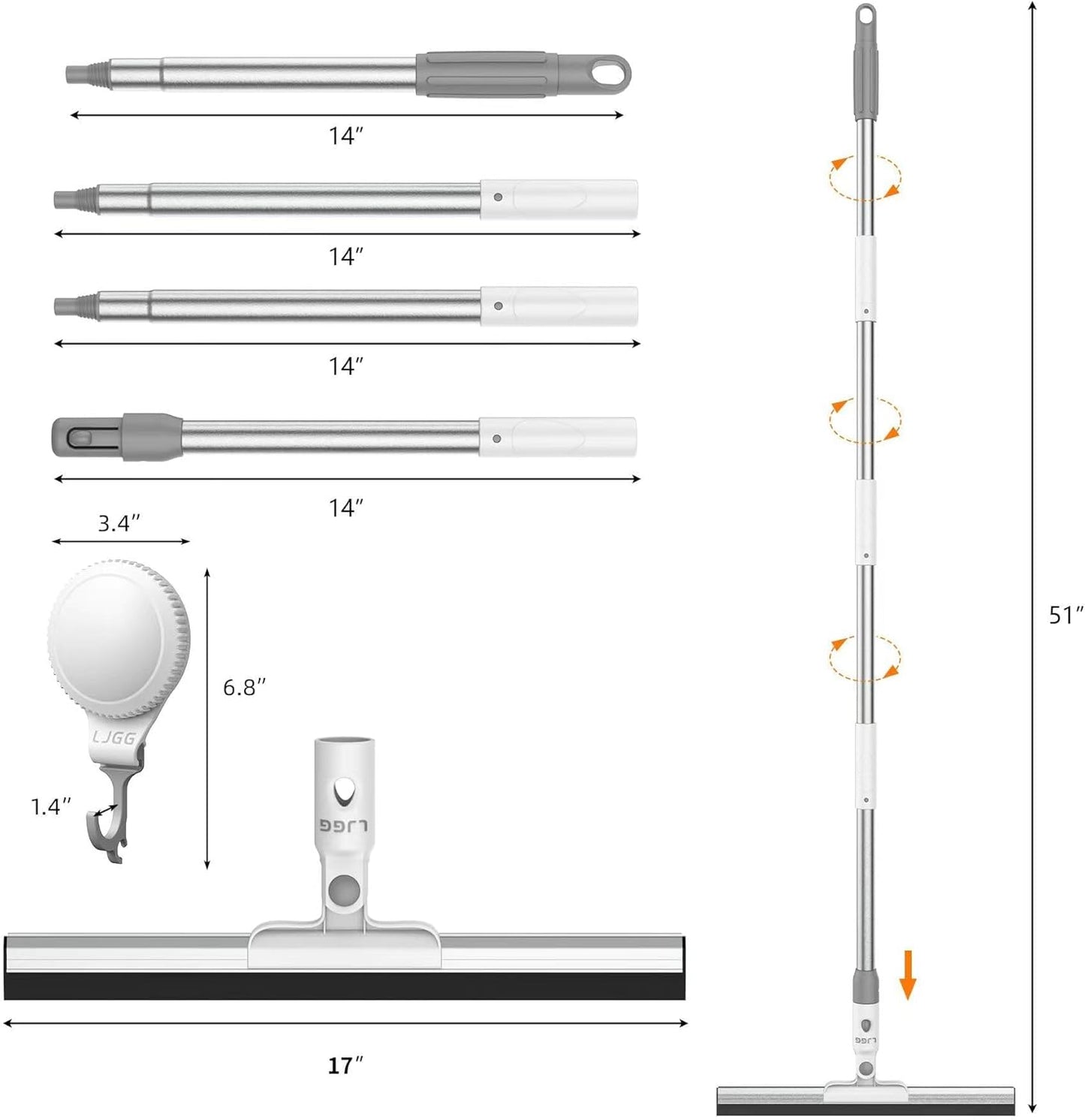 Squeegee Broom for Floor, 17" Rubber Squeegee with 51" Aluminum Alloy Pole for Bathroom Tile, Garage Concrete, Deck, Shower Glass, Window Cleaning, Squeegee Broom for Household Floor