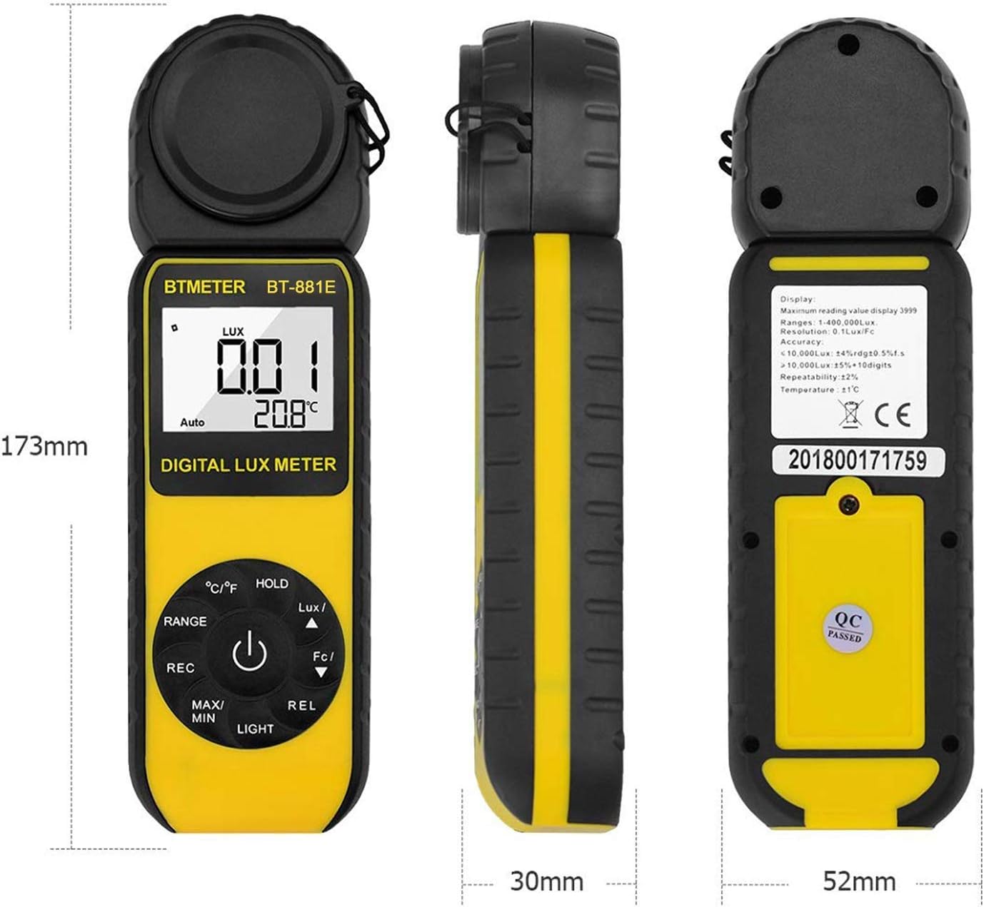 BTMETER BT-881E Digital Illuminance/Light Meter, Measure Lights 0.01~300,000 Lux (0.01~30,000 FC) Foot Candles, Par Meter Luxmeter for Plants Aquarium Light Tester