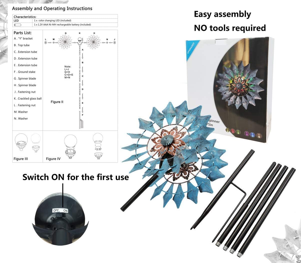 Solar Wind Spinner Azure 360 Degrees Rotate with Multicolor Crackle Glass Globe LED Light Kinetic Dual Direction Outdoor Windmill Ornaments for Garden Backyard Lawn Decoration