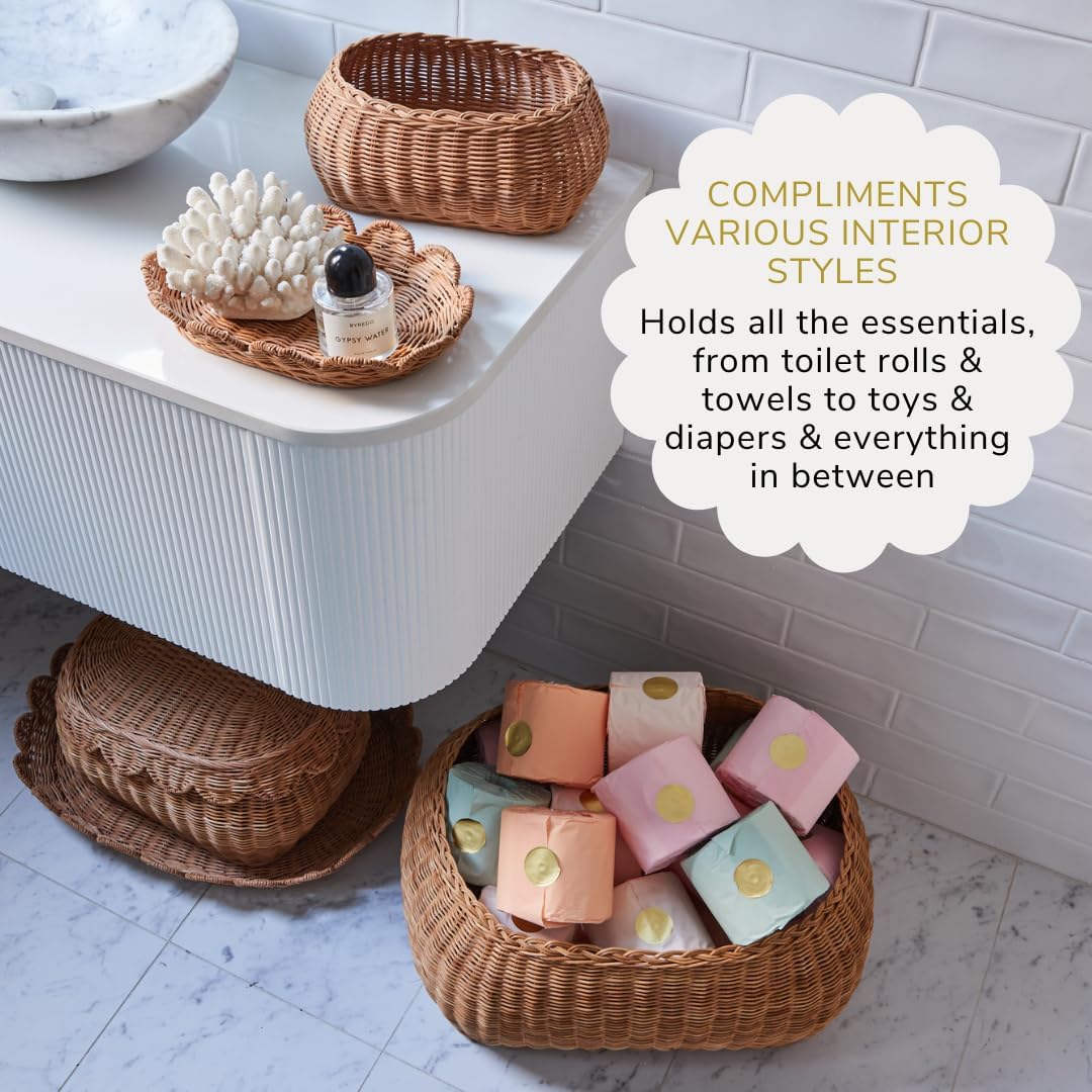 BEBE BASK Large Scalloped Basket Set Of 3 - Hand-Woven & Award-Winning Scallop Basket - XL - Extra Large for Blankets 22 x 16 x 10 In - Elegant Wicker With Scalloped Edge Lid (Mocca)