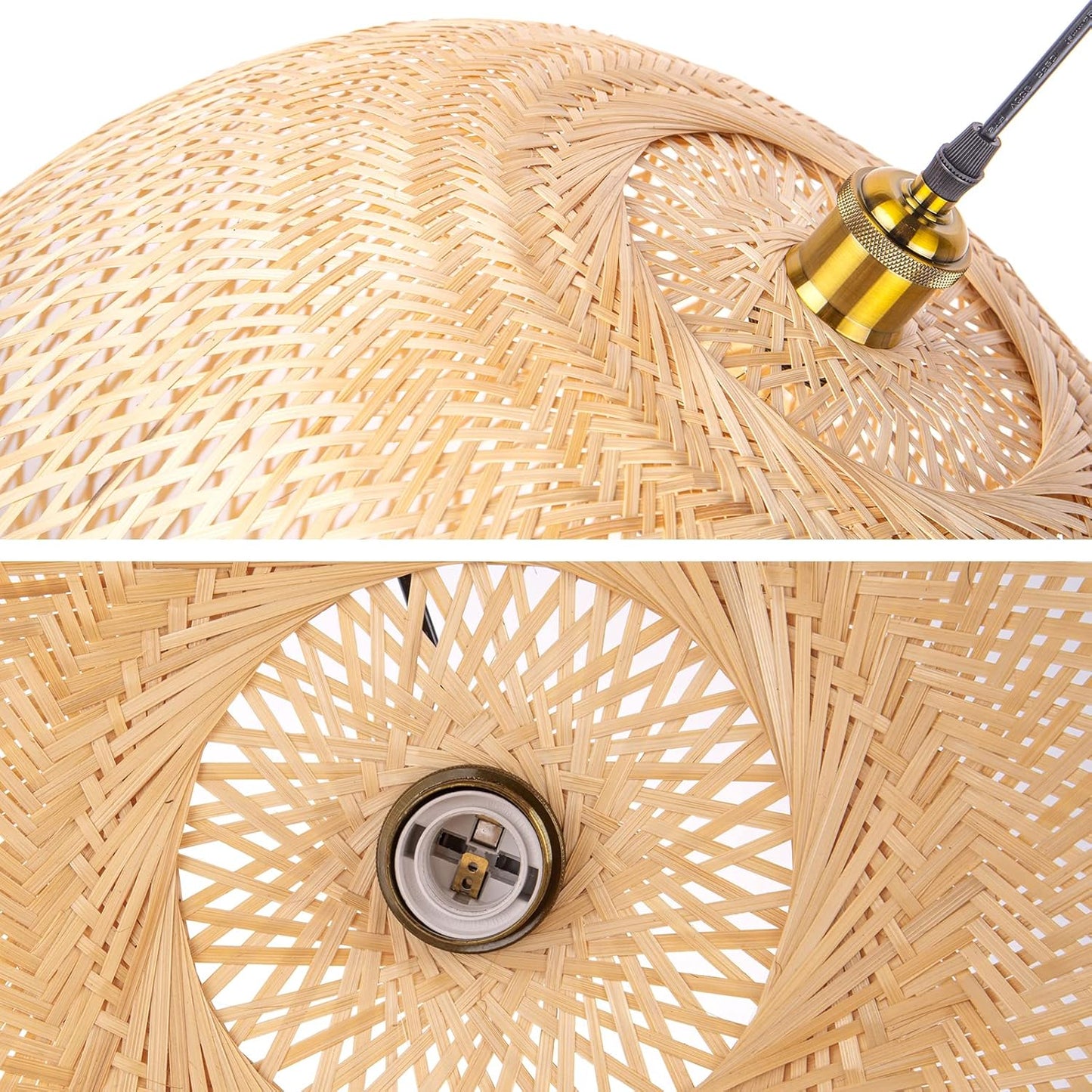 Arturesthome Natural Bamboo Pendant Lamp, Round Hanging Ceiling Light Wicker Chandelier, Hand-Woven Boho Basket Lampshade for Kitchen Island Living Room