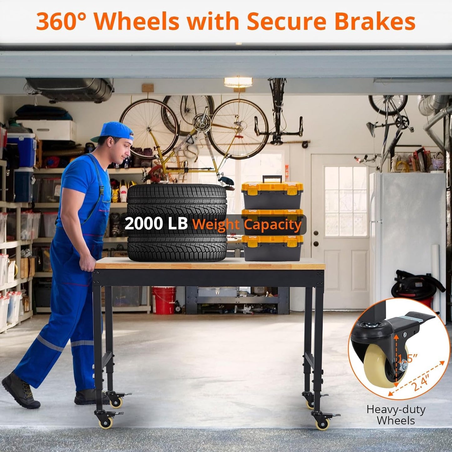 60'' Adjustable Workbench, Heavy Duty Workbench with Power Outlet and Lockable Wheels, 2000 LBS Capacity, Work Table Suitable for Office, Garage, Workshop