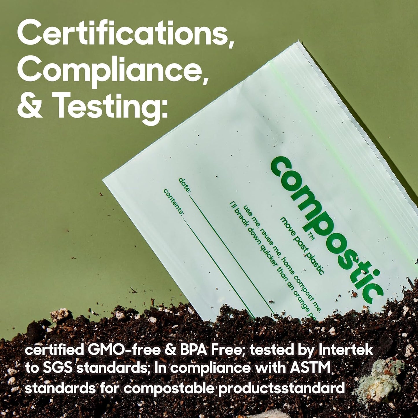 Home Compostable Resealable Snack Bags (6"x 3.5"), Microwave & Freezer Safe, Organic Food Storage Container, 100 Count