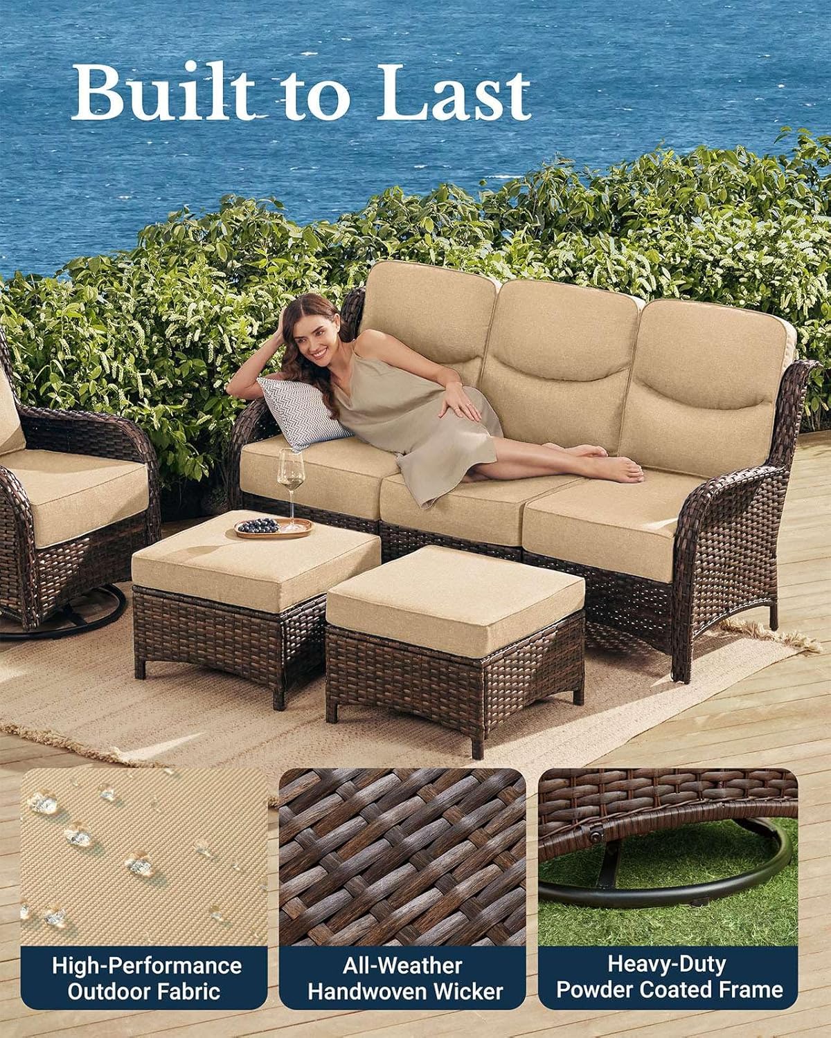 HILLGA Luxury Patio Furniture Set with 6-Inch Thick Cushions, High Back Outdoor Swivel Rocker Chairs and Patio Couch, 11-Piece All Weather Conversation Set for Porch Deck Pool Yard, Beige (V3)