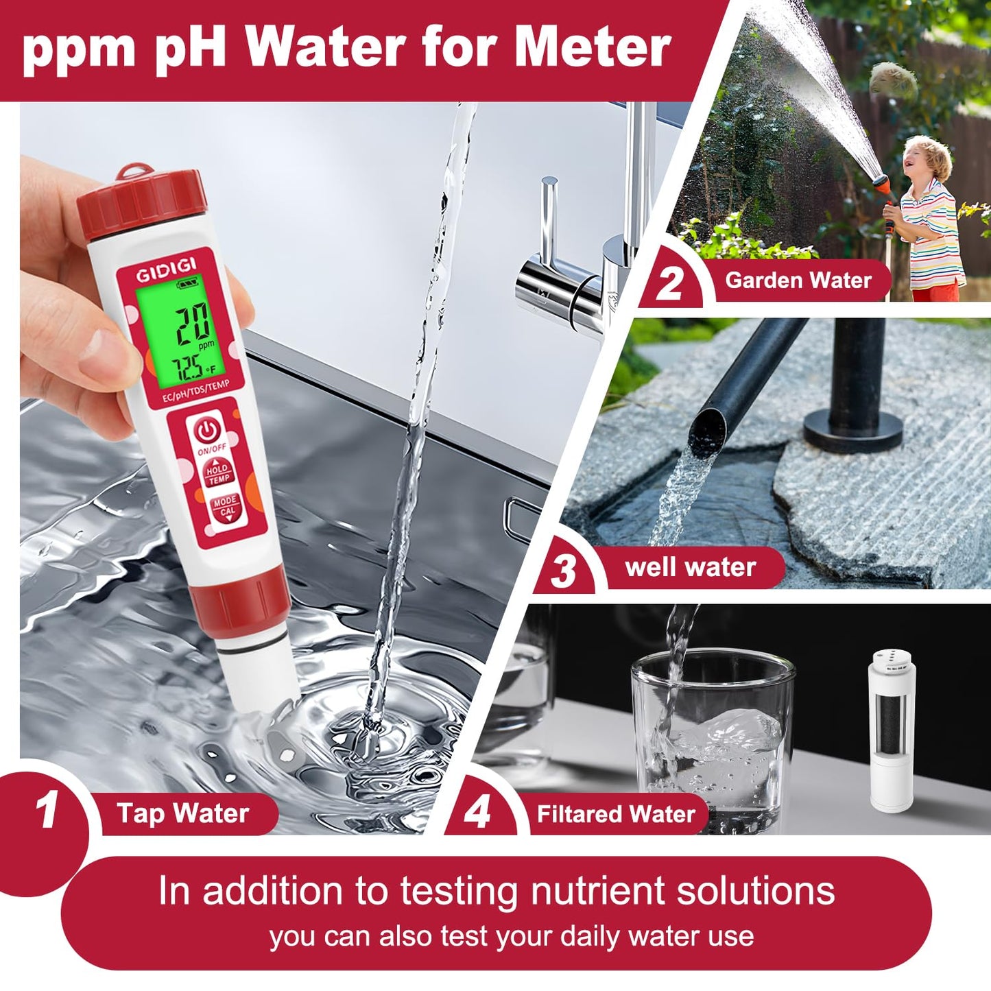 pH Meter for Water, 4 in 1 EC PPM Temp pH Tester for Hydroponic, TDS Water Tester for Drinking Water, Digital pH Meter with Backlit & ATC for Hydroponic Nutrient, Pool, Aquarium, Home Use