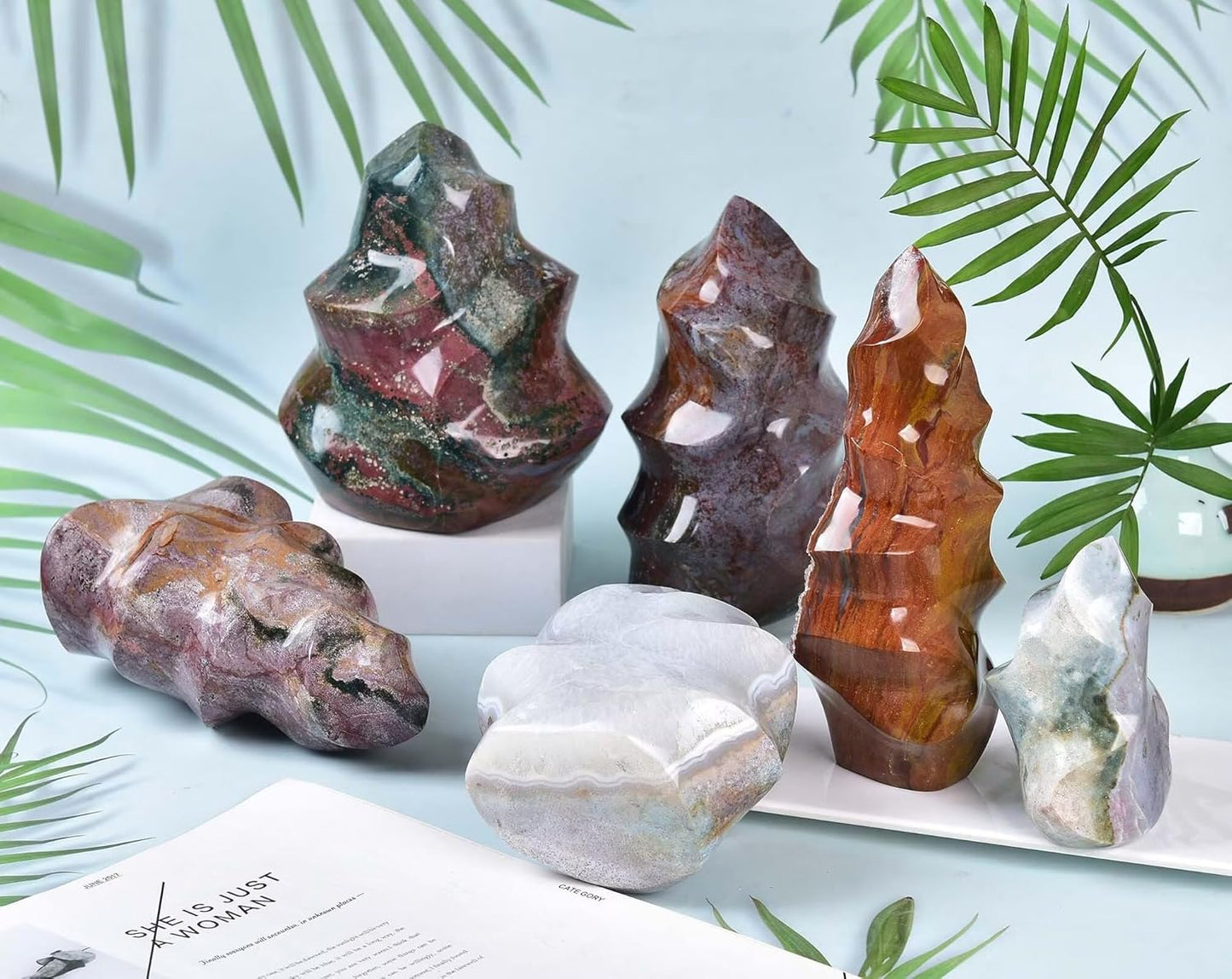 AMOYSTONE Ocean Jasper Flame Shaped Stone Towers Obelisk Natural Healing Crystal Quartz Reiki Energy Decoration Home Office Decor 1.5-2.2LBS
