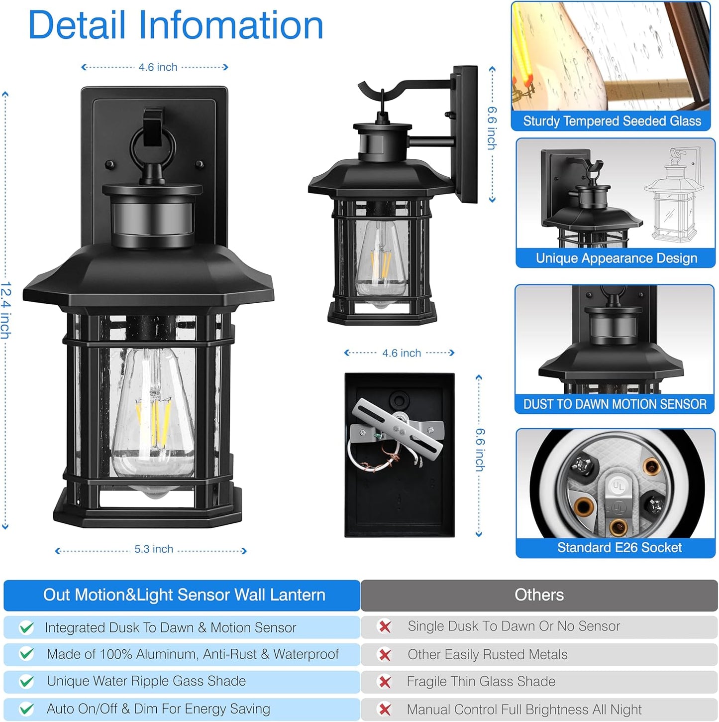 VIANIS 2 Packs Motion Sensor Outdoor Lights, Dusk to Dawn Outside Lights for House, Black Outdoor Light Fixture Sconce for House, Doorway, Entryway, Waterproof, Anti-Rust