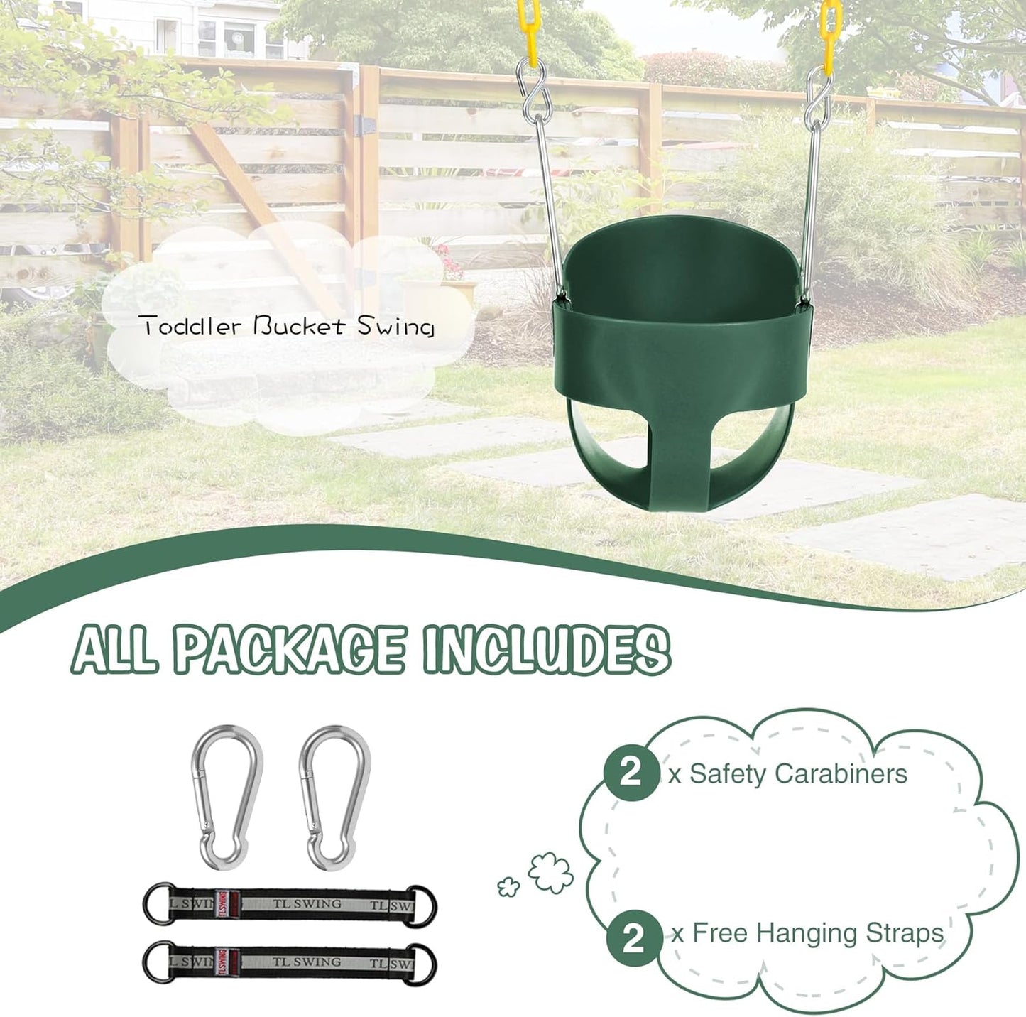 Heavy-Duty Toddler Swing with Coated Safety Chains-High Back Bucket Seat Includes Tree Straps,Hooks for Backyard, Playground,Outdoor Use (Green)