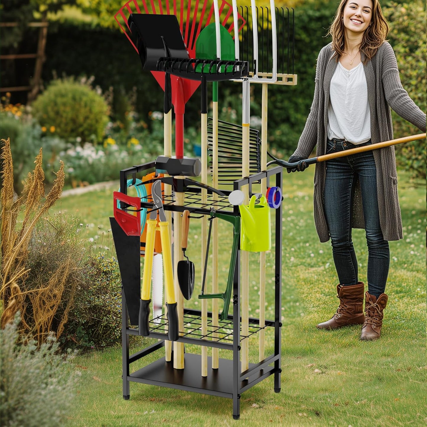 Garden Tool Organizer Rack for Garage, Yard Tool Tower Rack Organizer, Tools Stand Storage with Hooks Black Metal Garden Tools Holder for Yard Shed Garage Organization
