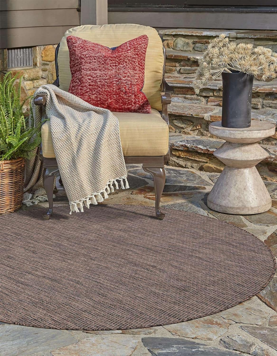 Unique Loom Outdoor Solid Collection Area Rug (4' 1" Round Light Brown/Ivory)