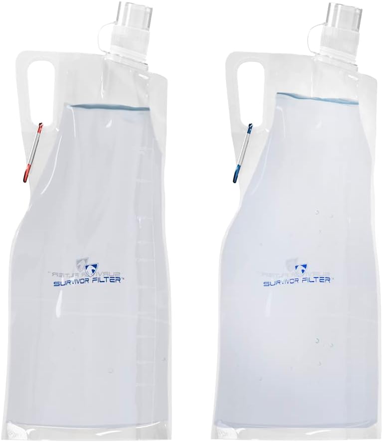 Survivor Filter Collapsible Water Bottles, Canteens (32oz) 2 Pack (2L Total) - Durable Carabiners and Handles. Squeeze Water through a Filter or Use as Water Bottles