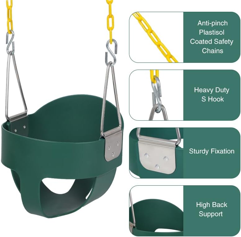 RedSwing Toddler Swing Set, Heavy Duty High Back Full Bucket Swing with Belt Swings Seat Combo Pack for Swingset, Tree Straps and 4 Hooks Included, Green