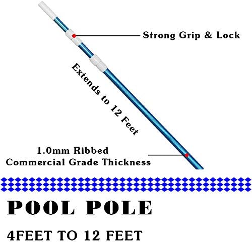 POOLWHALE Professional 12 Feet Blue Anodized Aluminum Telescopic Swimming Pool Pole,Adjustable 3 Piece Expandable Step-Up,for Skimmer Nets, Vacuum Heads and Brushes, Strong Grip & Lock