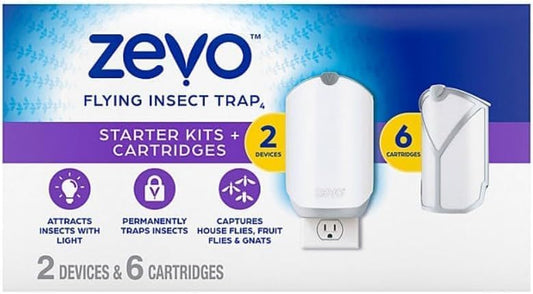 Zevo MAX Bug Catcher & Fly Trap for Indoors - Flying Insect Trap for Gnats, House & Fruit Flies - Use in Any Room (2 Devices & 6 Cartridges)