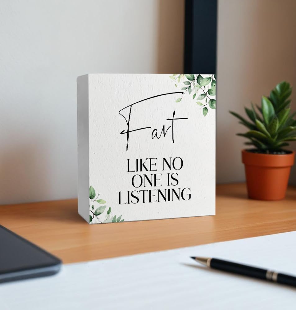 Fart Like No One Is Listening Funny Bathroom Wooden Box Sign, Eucalyptus Botanical Wood Signs for Restroom Bathroom Toilet Half Bath Shelf Counter Decor, 5x5 Inch