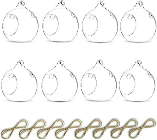 Nuptio 8 Pcs 3.15"/ 8cm Hanging Glass Tealight Holder Globe Plant Terrariums Glass Orbs Air Plants Tea Light Candle Holders Home Decor Indoor Outdoor Garden (with 2 Holes, 6 Pcs + 2 Pcs)