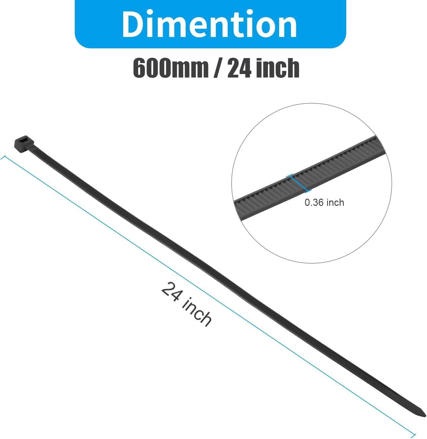XINGO 24 Inch Black Large Zip Ties Heavy Duty 500 Pack, 200 LBS Ultra Strong Plastic Wire Ties, Large Cable Ties Extra Long Tie Wraps, Indoor and Outdoor UV Resistant