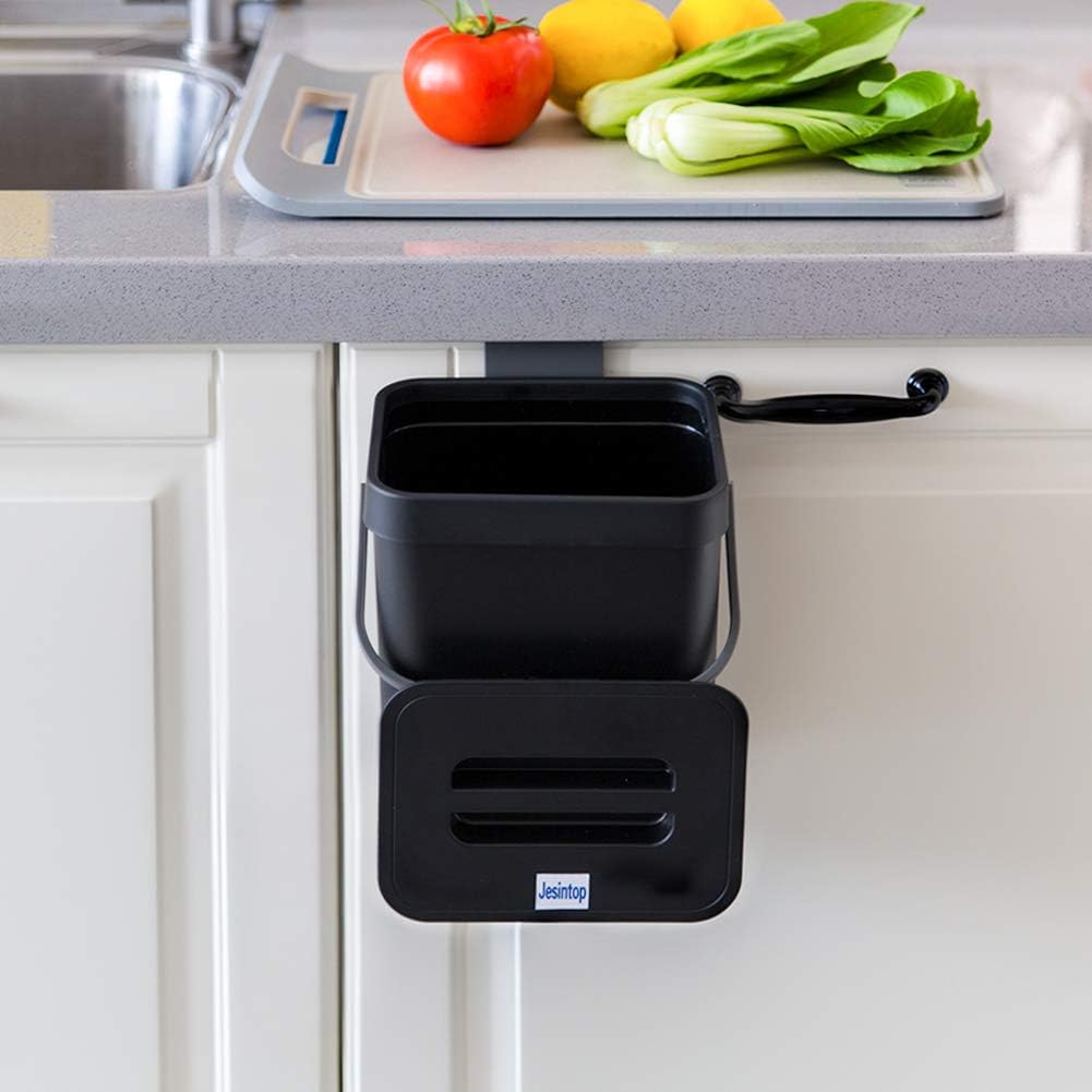 Compost Bin for Kitchen Countertop Under Sink,Bathroom Hanging Small Trash Can with Lid,Mountable Food Waste Bucket,1.3 Gal/5 L Series,Black