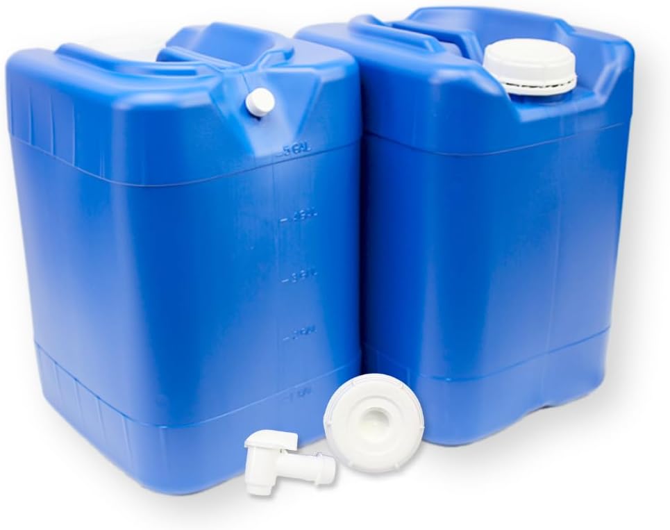 5-Gallon Stackable Water Storage Containers, 5 Gallons Each w/Lids + Spigot, Easy Fill, Survial Supply Emergency Water Storage for Camping and Disaster Preparedness, RV, Camping, 10 Gallon