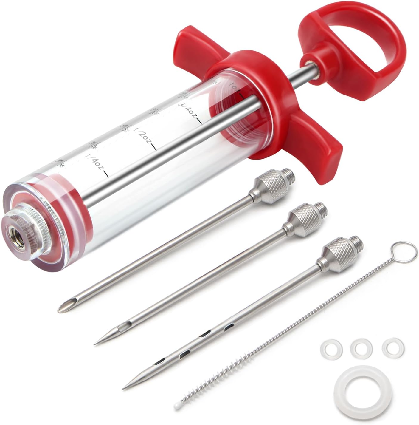 TGE-V 1-oz Plastic BBQ Marinade Injector Kit, Turkey Injector Syringe (3 Stainless Steel Meat Needles + 3 Replacement O Rings + 1 Cleaning Brush) for Smoked BBQ Grill