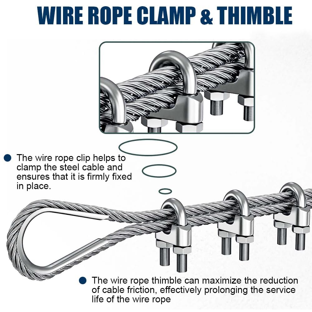 1/4" Wire Rope Kit, 100ft Stainless Steel Cable with 4Pcs 1/4 Turnbuckle, Clamp & Thimble, 7x19 Strands Heavy Duty Metal Cable,1400 lbs Load Limit, Turnbuckles for Cables Wire, Zipline