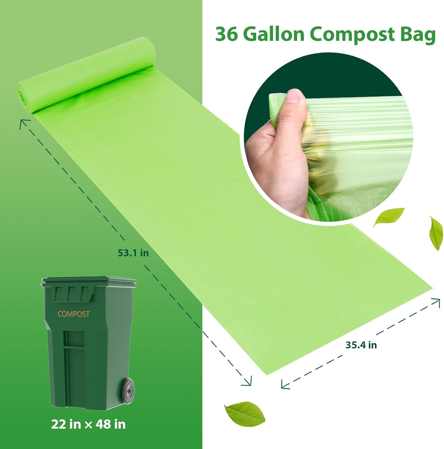 Compostable 36 gallon Trash Bags, Extra Thick 1.28 Mills, Compost 36 Gal Trash Bags (Kitchen Tall Garbage Bags), Compostable Lawn & Leaf Yard Waste bags,ASTM D6400,Bpi Certified