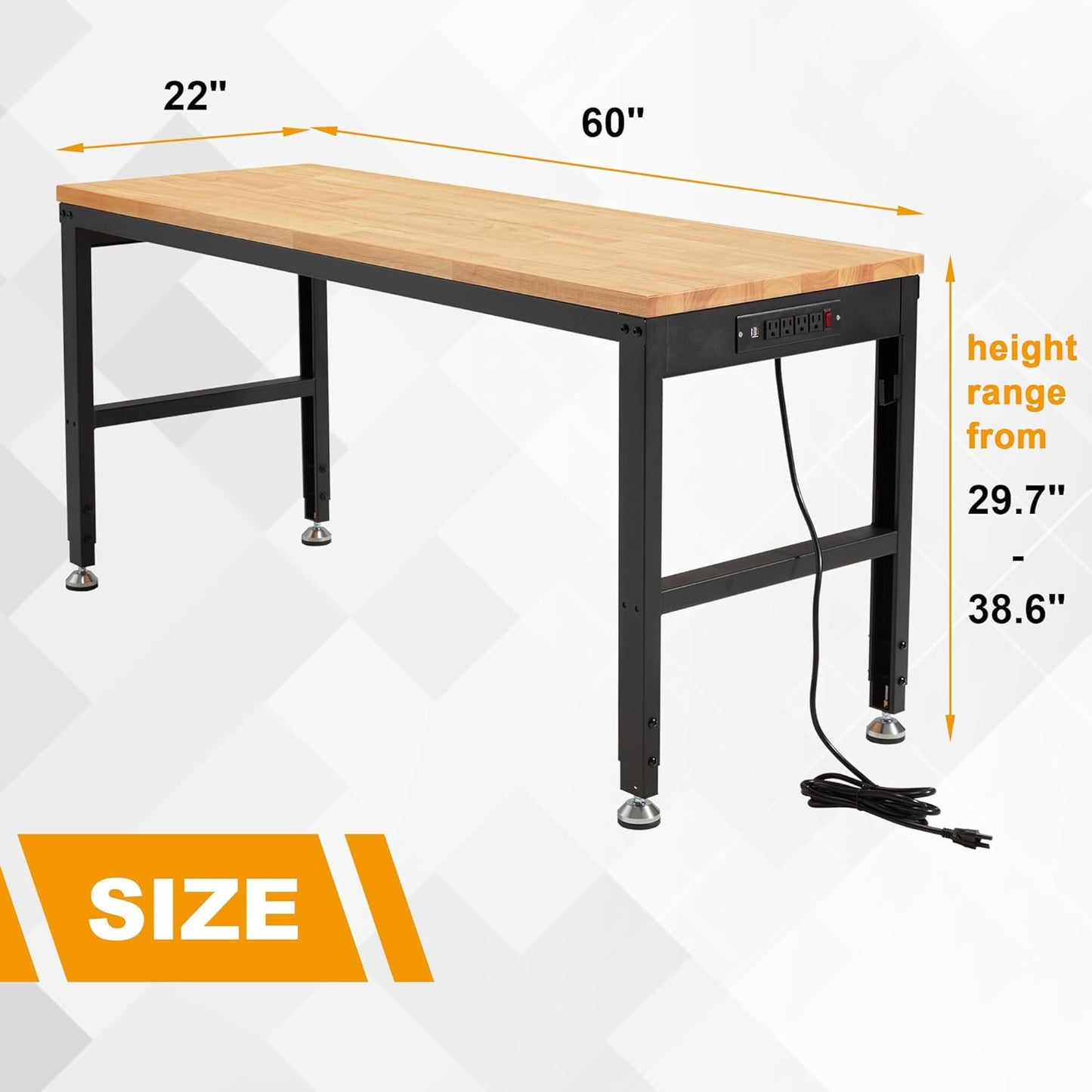 HABUTWAY Height Adjustable Workbench 60" 2000 Lbs Capacity Solid Wood Work Station Heavy-Duty Work Tables with Power Outlets for Garage Party Shop Office