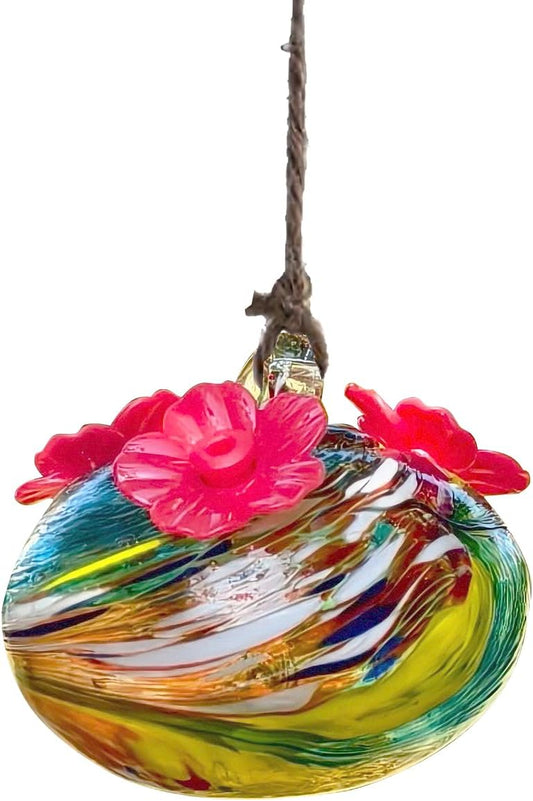 Small Glass Hummingbird Feeders for Outdoors Hanging - Hand Blown Glass Ball Nectar Feeding, Multi Color with 3 Flowers Feeding Ports, Decor for Garden/Backyard Outside