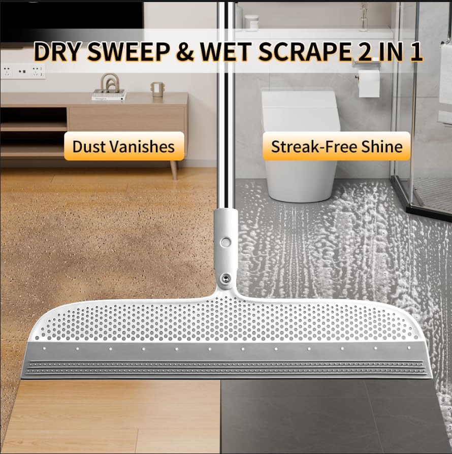 Silicone Floor Squeegee & Broom – Long Handle Hair Remover for Water, Pet Hair – for Bathroom, Tile, Concrete, Garage, Deck, Glass – Indoor Outdoor Cleaning Tool – White (15.7 inch)