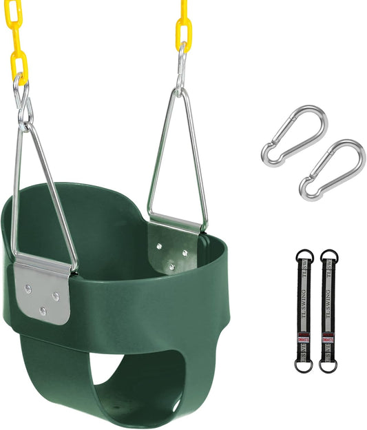 Heavy-Duty Toddler Swing with Coated Safety Chains-High Back Bucket Seat Includes Tree Straps,Hooks for Backyard, Playground,Outdoor Use (Green)