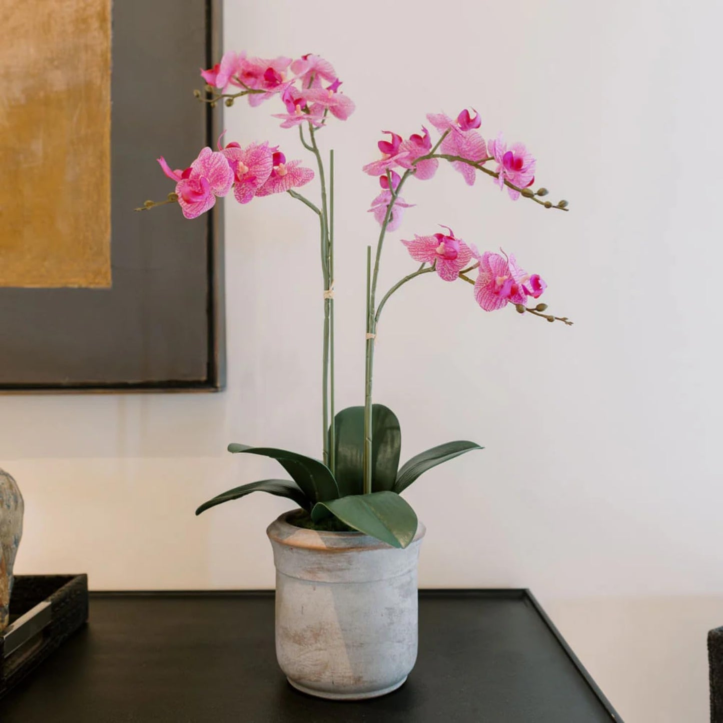 Faux Pink Orchid Plant, Premium Artificial Indoor Flower Display Stands 24”, Beautiful Sculptural Blooms That Lasts Forever, Grey Planter Pot Included