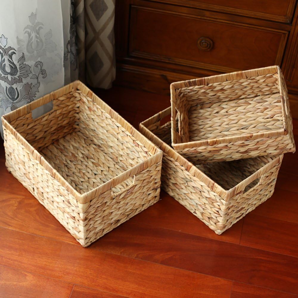 Woven Natural Water hyacinth Rectangular Storage Baskets with inside Handle,Kingwillow(Large)