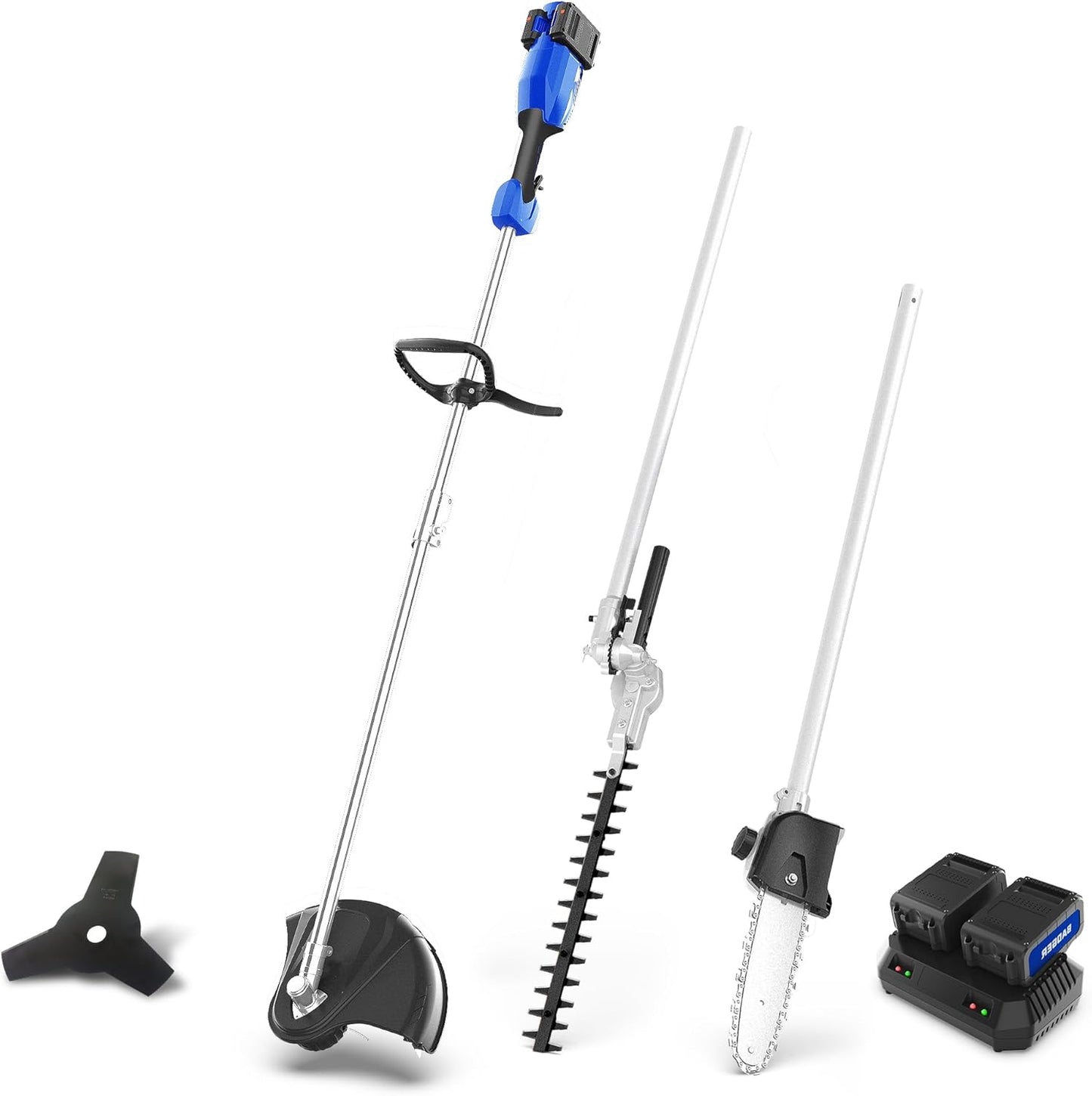 Wild Badger Power 40V Cordless Weed Wacker, String Trimmer/Edger, Hedge Trimmer and Brush Cutter Blade, Pole Saw, Attachment Capable 4-in-1 Multi-Tool Kit with 2 * 20V 4Ah Battery and 1 Charger, Blue