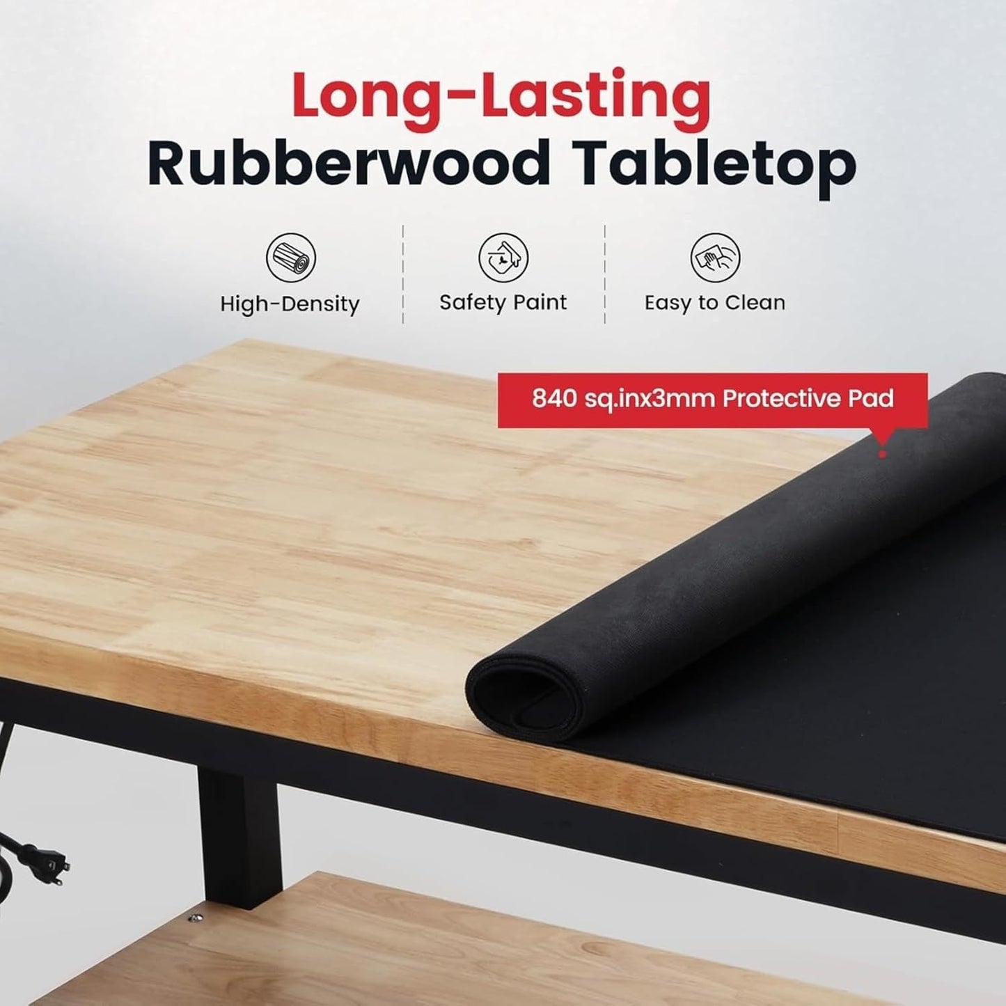 Workbench with Double Layers 48 x 20 Inch Heavy Duty Rubberwood Tabletop Work Table for Garage Adjustable Height Work Bench with Power Outlets Pegboard Pad for Woodworking Shop, Home, Office