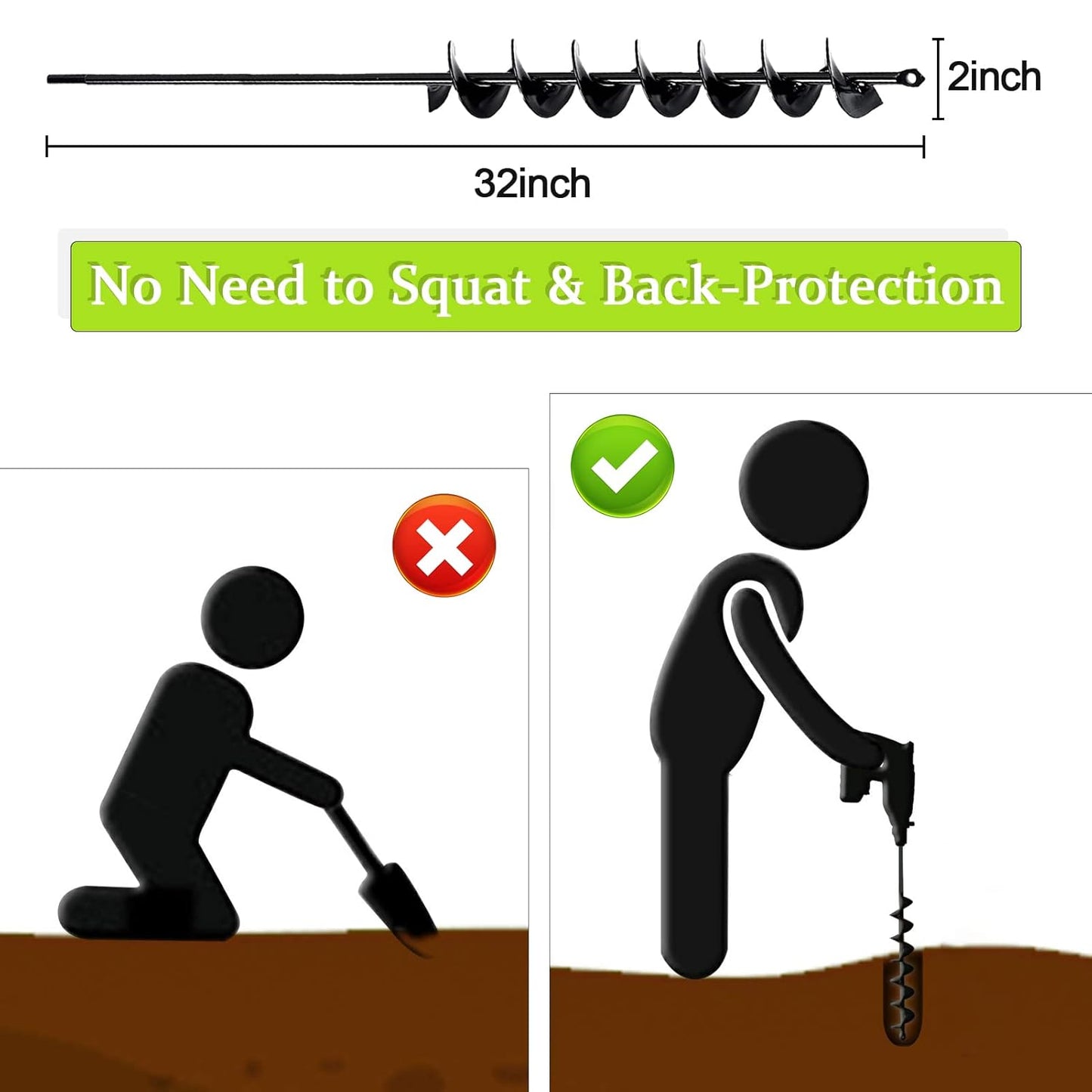 TCBWFY 2x32 Inch Auger Drill Bit for Planting - Long Handle Easy Planter Garden Auger - Bulb & Bedding Plant Augers - Post Hole Digger for 3/8”Hex Drive