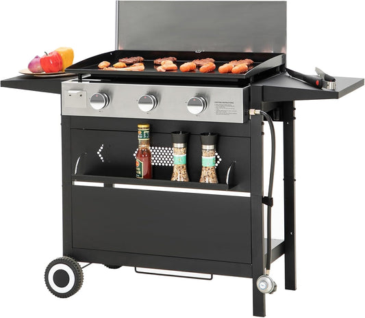 Sophia & William 27-Inch Flat Top Grill with Ceramic Coated Cast Iron Griddle, 3-Burner Propane Gas BBQ Griddle, Portable Outdoor Barbecue Grill,33,000 BTU,Black
