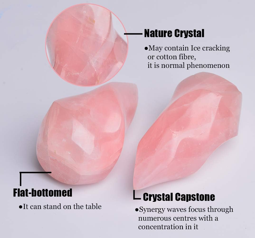 AMOYSTONE Large Rose Quartz Healing Stones Large Crystals Tower Flame Shaped Stone Energy Meditation Home Decor 1.0-1.5LB
