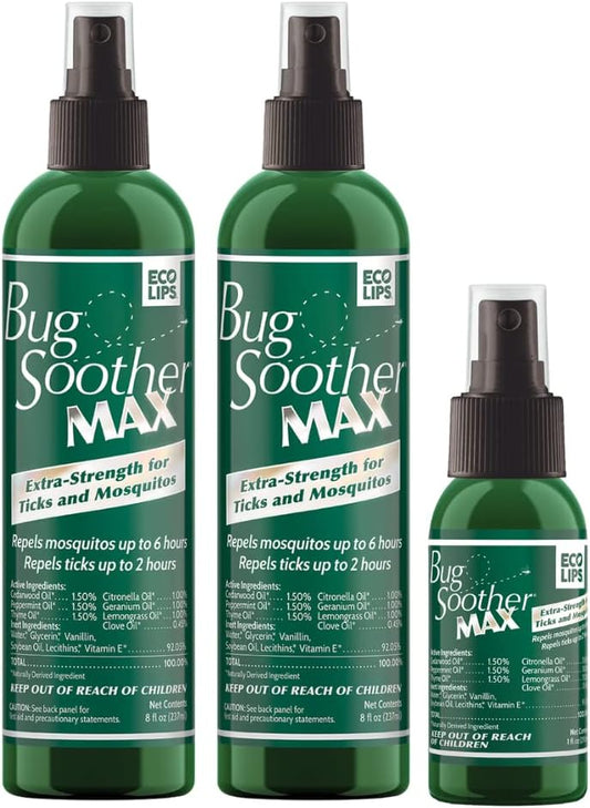 Bug Soother MAX - Extra Strength Natural Gnat, Tick, and Mosquito Repellent, 2 Pack 8 fl oz w/Free 1 oz. DEET-Free Bug Spray Deterrent - Safe for Adults & Environment - Made in USA