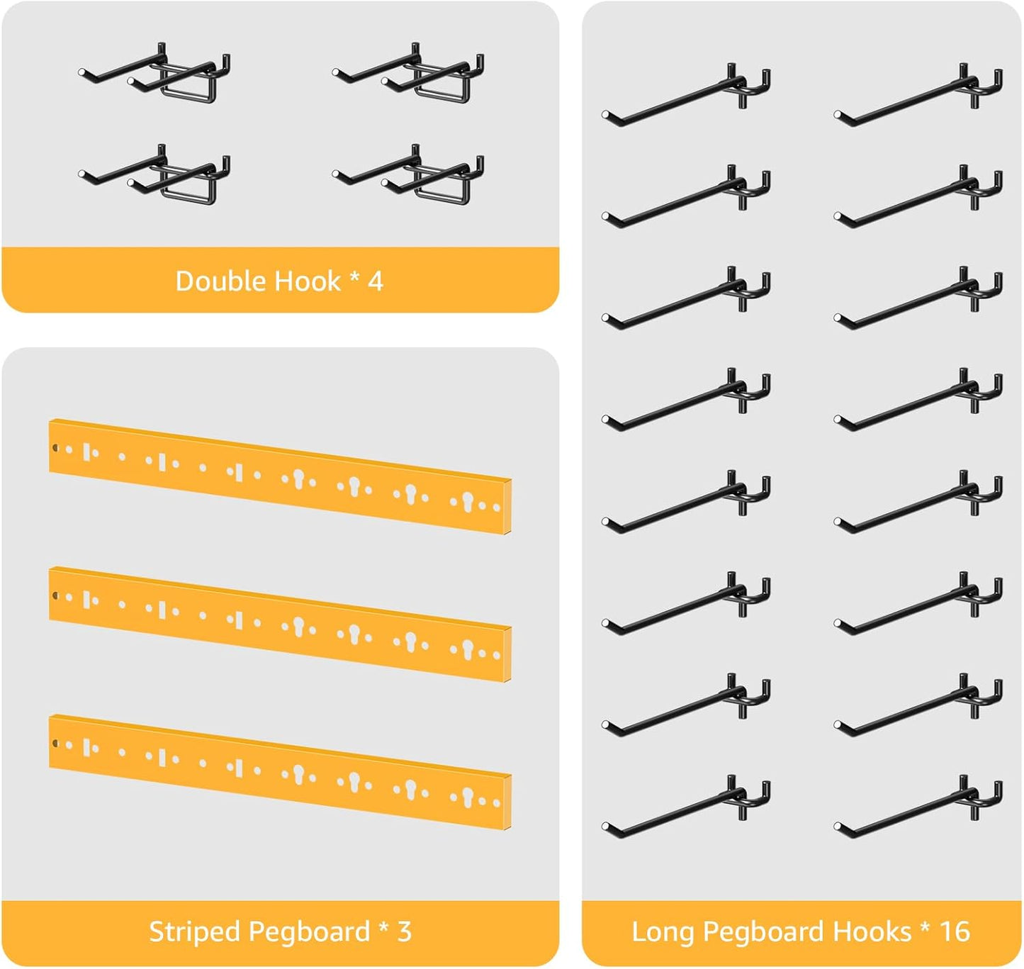 CCCEI 3 Modular Pegboard Strip Storage, Metal Peg Slat Wall Mount for Garage, Basement, Garden, Laundry Room Organization. Flexible Tool Organizer for Rake, Shovels, Crafting. Gifts for Men, Yellow.