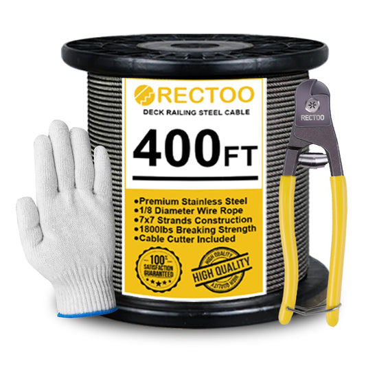 Black 400FT 1/8" T316 Stainless Steel Cable with Cutter, 7x7 Strands Aircraft Wire Rope for Deck Railing, Stair Handrail, Porch Fence, High Strength for Indoor and Outdoor Use