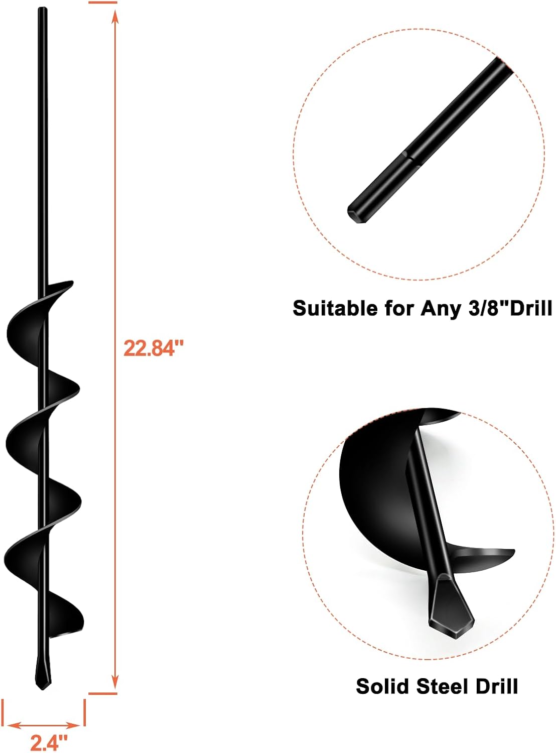 LONGRUN Auger Drill Bit for Planting, Garden Spiral Hole Drill for 3/8” Hex Drive Augers, Solid Shaft Hole Digger Easy Rapid Planter for Planting Trees, Bulbs, Seedlings-2.4"x22.84"