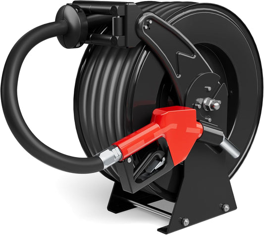Fuel Hose Reel 3/4" x 50FT Retractable Diesel Hose Reel 300PSI Ratchet Spring Driven Hose Holder Reel Heavy Duty Industrial Steel with Fueling Nozzle for Aircraft Tank Truck Trailer Ship, Black