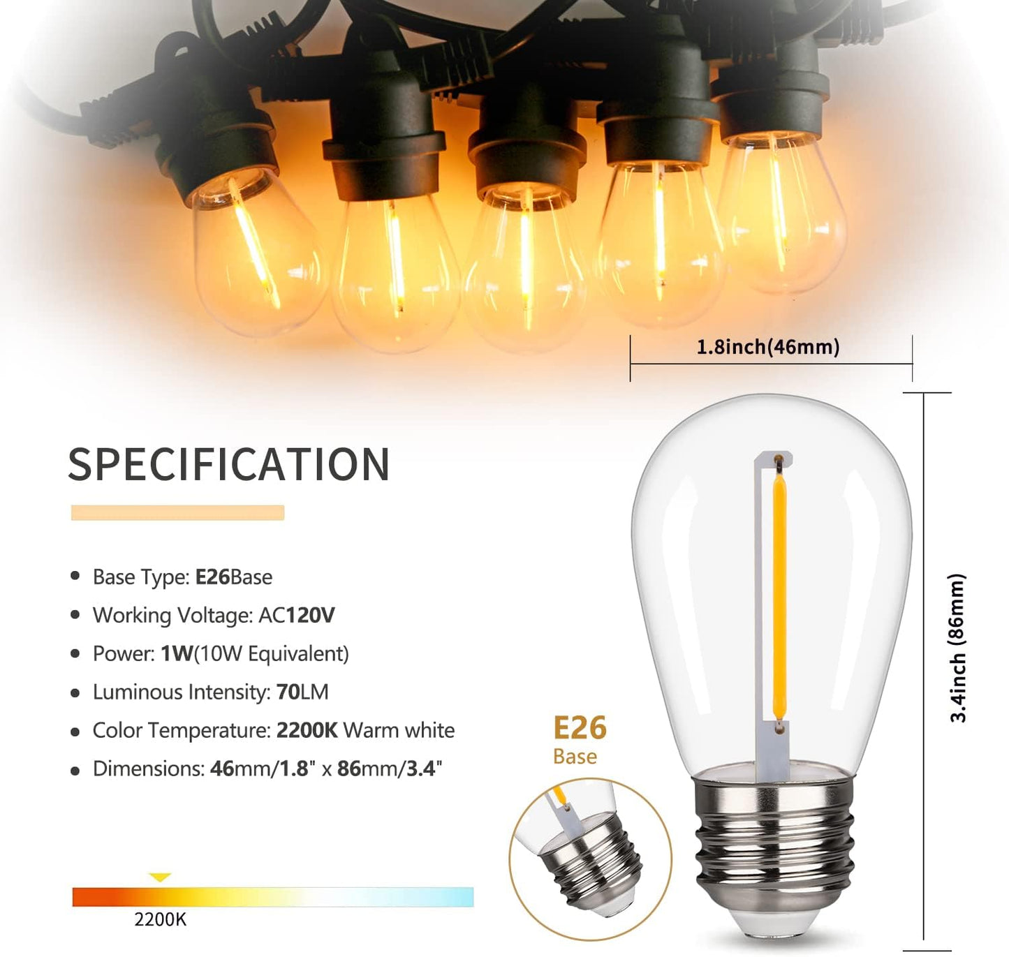 S14 Replacement LED Light Bulbs, Shatterproof & Waterproof 1W S14 LED Bulbs, E26 Base Patio Edison LED Light Bulbs for Outdoor String Lights , Warm White 2200K Plastic 70ML Non-Dimmable 30 Pack