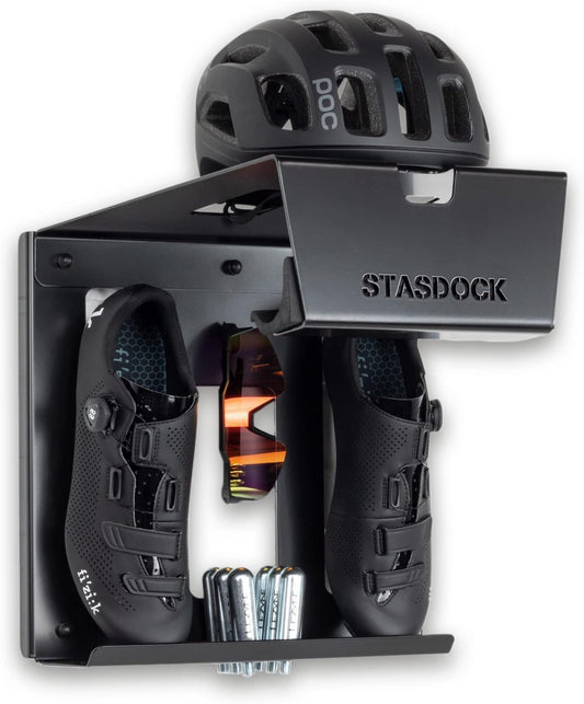 Wall Bike Rack | Bike Storage Wall Mount System | for Race Bicycles (Happy Black) and Mountain Bikes | Bike Shelf | Indoor Bike Wall Bracket | Store Your Helmet and Shoes | Home and Garage