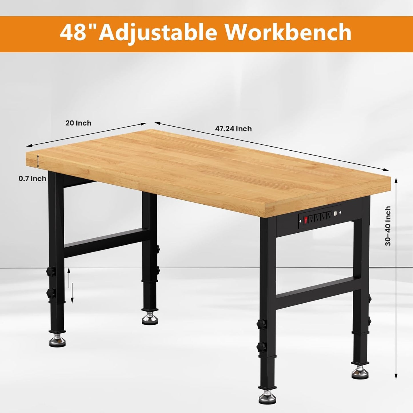 48" Work Bench, Adjustable Height Workbench with Rubber Pad, Heavy-Duty Work Table with Power Outlets, 2000 LBS Capacity Workstation for Garage, Workshop, Office, Home