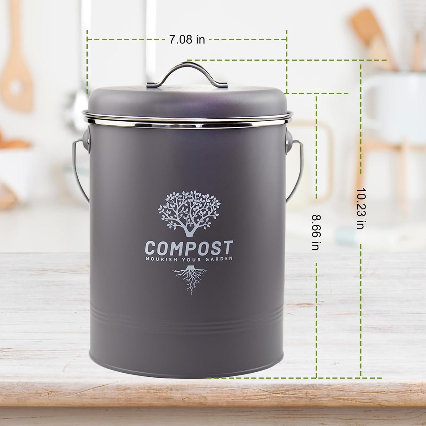 Kitchen Countertop Compost Bin, Odor Resistant Indoor Compost Bin with Lid and Charcoal Filter, Rust Resistant Coated Compost Bucket, Compost Container, Gray