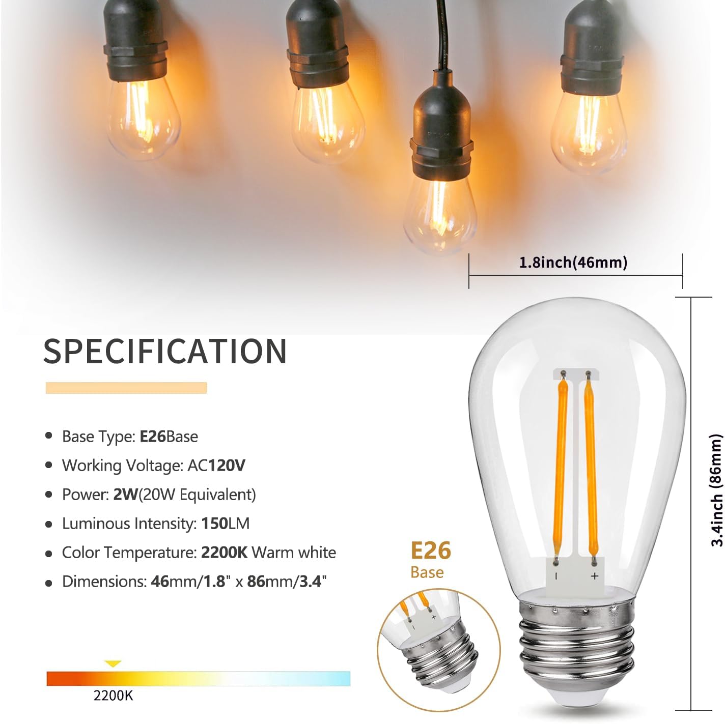 S14 Replacement LED Light Bulbs, Shatterproof & Waterproof 2W S14 LED Bulbs, Outdoor String Lights , E26 Base Patio Edison LED Light Bulbs, Warm White 2200K Plastic 150ML Non-Dimmable 48 Pack