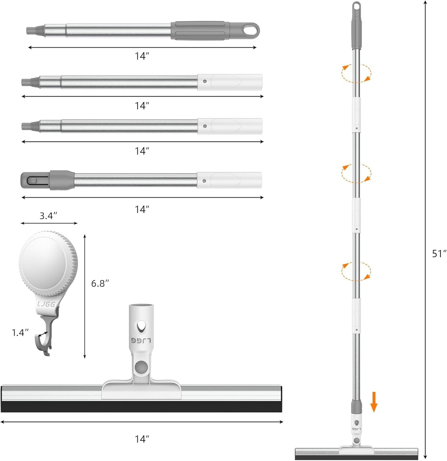 Squeegee Broom for Floor, 13.78" Rubber Squeegee with 51" Aluminum Alloy Pole for Bathroom Tile, Garage Concrete, Deck, Shower Glass, Window Cleaning, Squeegee Broom for Household Floor