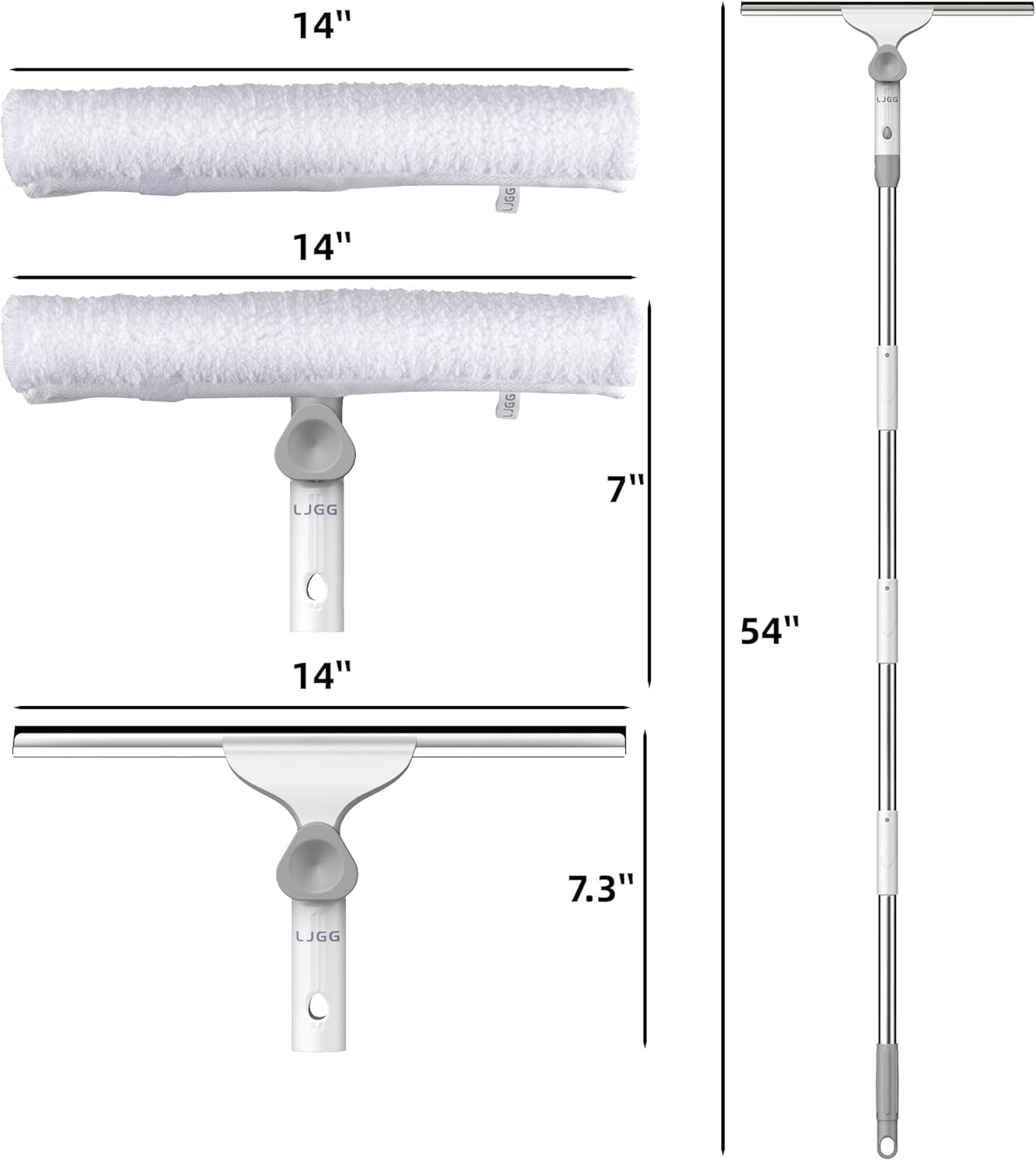 Window Cleaning Squeegee kit, 13.78" Squeegee and 13.78" Microfiber Scrubber with Aluminum Alloy Pole, 54" Telescopic Window Cleaning Tool for Glass Door, Shower Glass Door, Car Windshield-2 Pads
